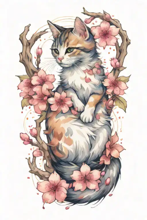  a cherry blossom and a kitten sitting tattoo design idea