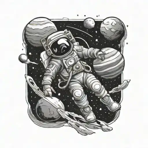 astronauat floating in space holding planets tattoo design idea