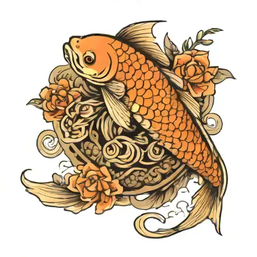 A Koi Fish Surrounded By A Flower Engulfed In Human Ribs tattoo design idea