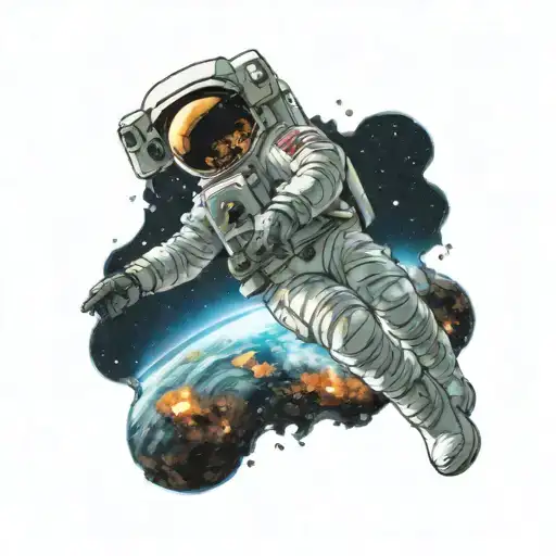 An astronaut floating in space, with a galaxy background, traditional style, black, taken from far away, high quality  tattoo design idea