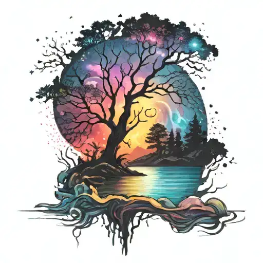 Dark Landscape With Trees And Water Over A Colorful Bright Galaxy Background tattoo design idea