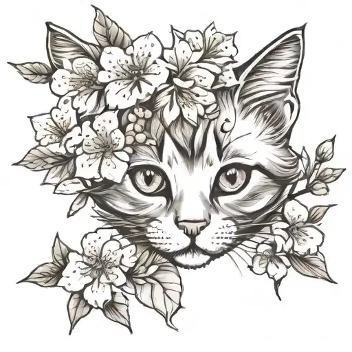 cute kitten pink cherry blossom branch feminine style ultra detailed kitten face ultra detailed blossom tattoo design idea