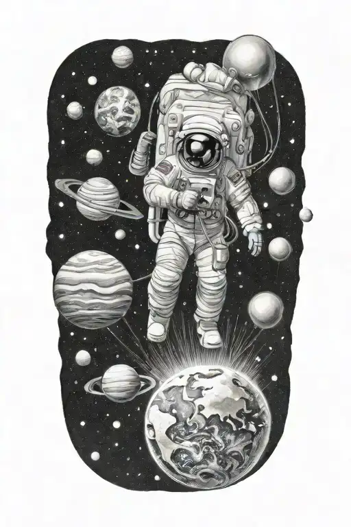 An astronaut floating in space, holding the planets of our solar system like balloons, realism style, black, taken from  tattoo design idea