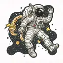 An astronaut floating in space, with a galaxy background, traditional style, black, taken from far away, high quality  tattoo design idea
