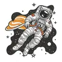 An astronaut floating in space, with a galaxy background, traditional style, black, taken from far away, high quality  tattoo design idea
