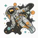 An astronaut floating in space, with a galaxy background, traditional style, black, taken from far away, high quality  tattoo design idea