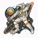 An astronaut floating in space, with a galaxy background, traditional style, black, taken from far away, high quality  tattoo design idea