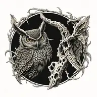 Great horned owl skeleton sitting tattoo design idea
