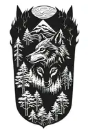 Wolf head sorrounded by many trees blackwork tattoo design idea