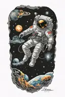 An astronaut floating in space, with a galaxy background, traditional style, black, taken from far away, high quality  tattoo design idea