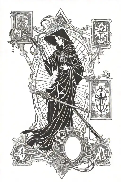 money mori memento vivere (written), tarot cards with hour glass and scythe tattoo design idea