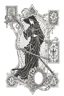 money mori memento vivere (written), tarot cards with hour glass and scythe tattoo design idea