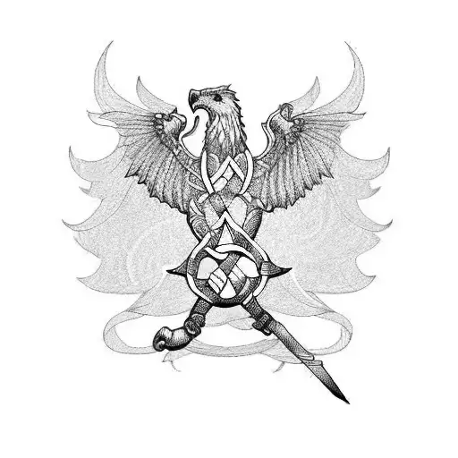 griffin with 3 swords in celtic knots tattoo design idea
