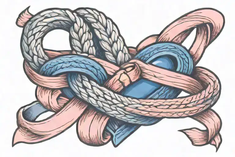 a dark blue ribbon and a pink ribbon tied together in a braid and shaped into a heart with wedding rings. tattoo design idea