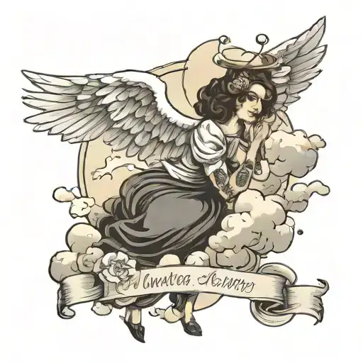 An angel on a cloud caught the inscription memento mori tattoo design idea