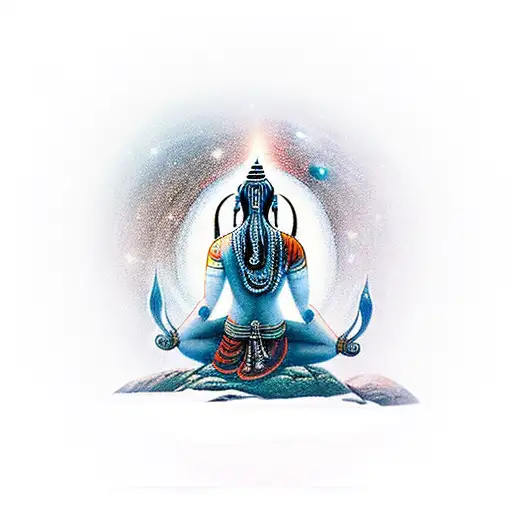 mahadev in mountains meditating with a view of the universe in the background tattoo design idea
