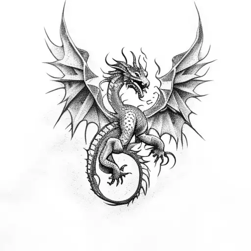A dotwork tattoo of a dragon and a phoenix engaged in a fierce brawl fight tattoo design idea