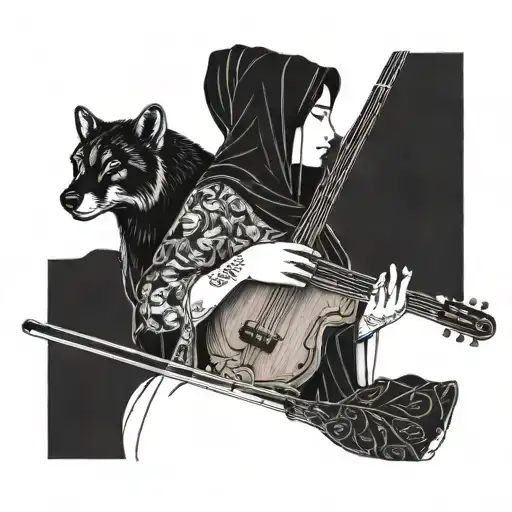 woman with black veil holding animal playing erhu tattoo design idea