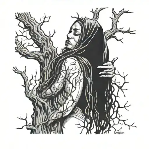woman with black veil stuck in dead tree tattoo design idea