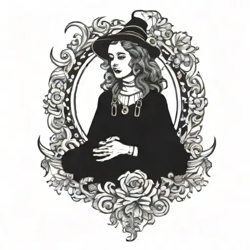 woman with black eil, witch vibes tattoo design idea