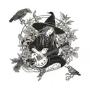 A witch playing a traditional Japanese instrument surrounded by mystical plants and animals tattoo design idea