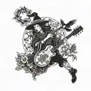 A witch playing a traditional Japanese instrument surrounded by mystical plants and animals tattoo design idea