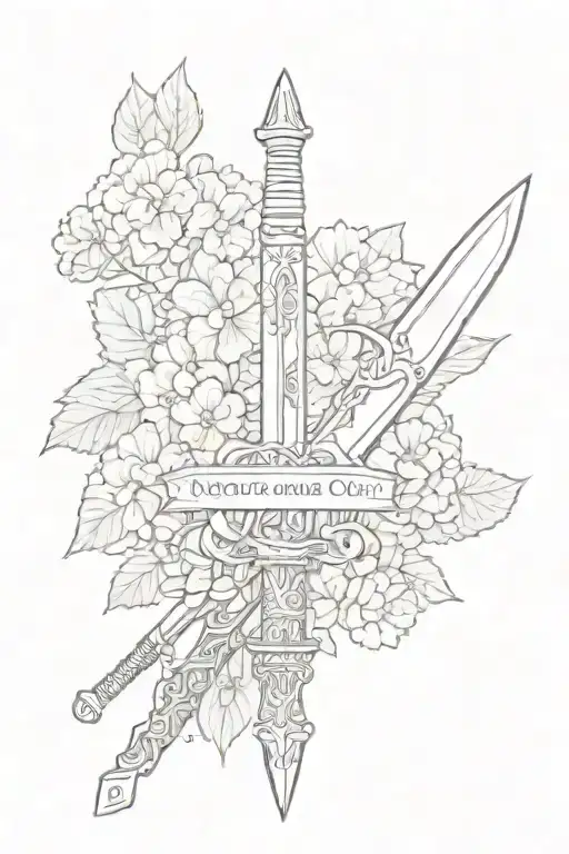 a sword with a quote that says "no chance and no choice" the background should be hydrangeas tattoo design idea