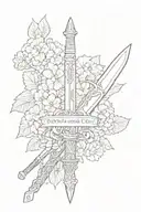 a sword with a quote that says "no chance and no choice" the background should be hydrangeas tattoo design idea