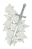 a sword with a quote that says "no chance and no choice" the background should be hydrangeas tattoo design idea