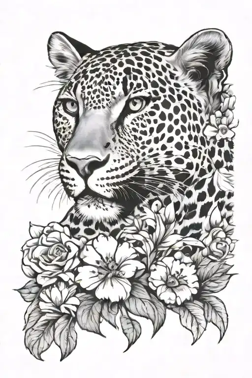 leopard and flowers tattoo design idea