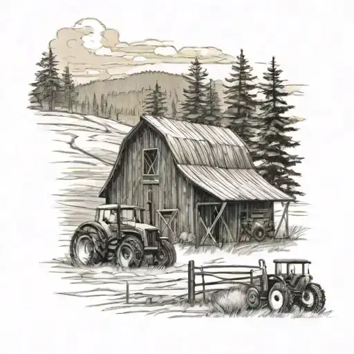 barn in field. tractor and truck in front of barn tattoo design idea