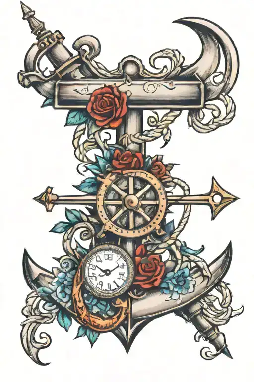anchor and time running tattoo design idea