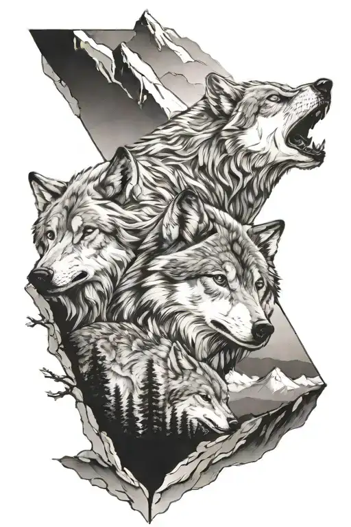 three wolf tatto with mountain behind  them on left forearm   tattoo design idea