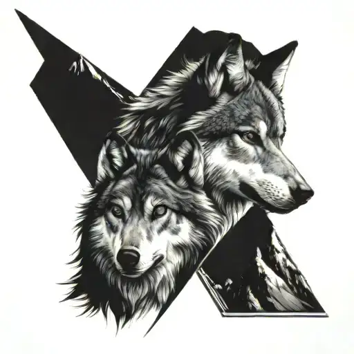 three wolfs in front of a mountain  tattoo design idea