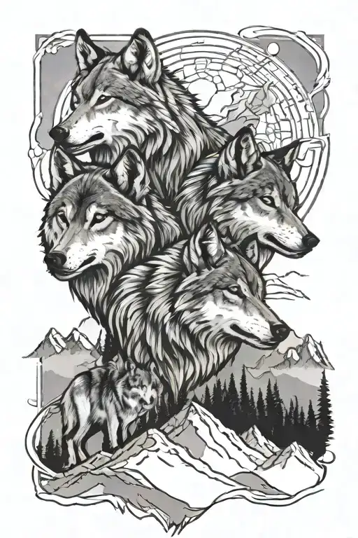 three wolf tatto with mountain behind  them tattoo design idea