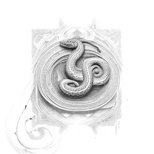 The serpent coiled around a mystical etched with arcane symbols and glyphs, tattoo design idea