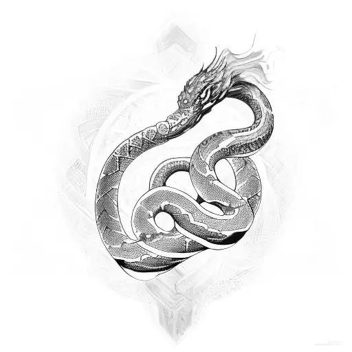 The serpent coiled around a mystical etched with arcane symbols and glyphs, tattoo design idea