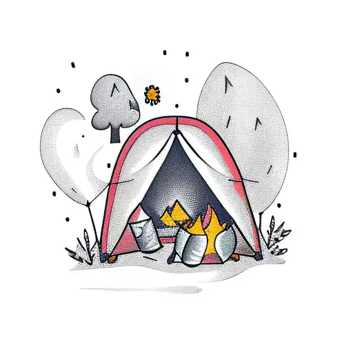 A tattoo of a camping scene with a book and flowers scattered around the campfire tattoo design idea