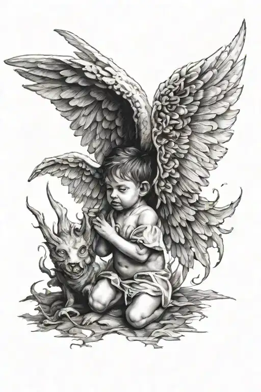 little angel with demon wings tattoo design idea