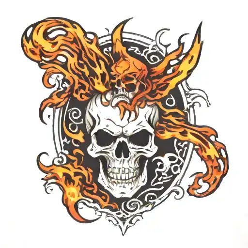 skull and ghost flames left arm sleeve tattoo design idea