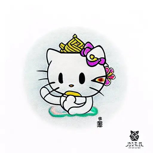 HELLO KITTY AS BUDDHA SITTING MEDITATING tattoo design idea