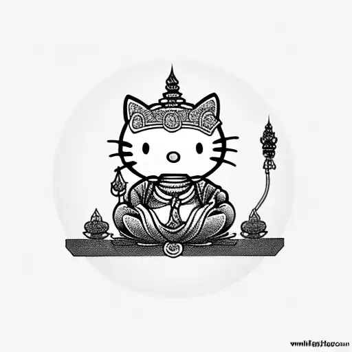 HELLO KITTY AS BUDDHA SITTING MEDITATING tattoo design idea