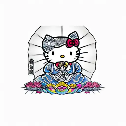 HELLO KITTY AS BUDDHA SITTING MEDITATING tattoo design idea