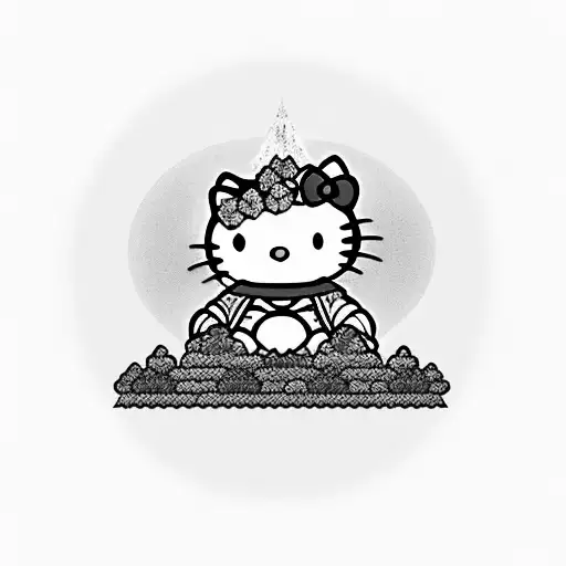 HELLO KITTY IN THE ROLE OF SITTING BUDDHA MEDITATION ON THE BACKGROUND MOUNT FUJI AND CHERRY BLOSSOMS tattoo design idea