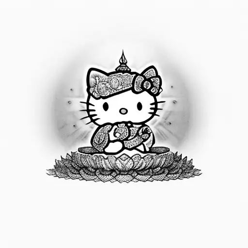 HELLO KITTY AS BUDDHA SITTING MEDITATING tattoo design idea