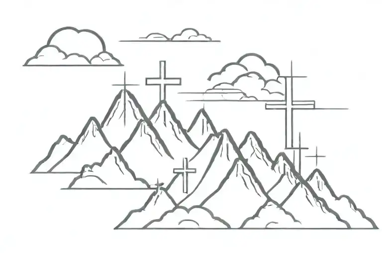 mountains with 3 crosses above clouds with light tattoo design idea