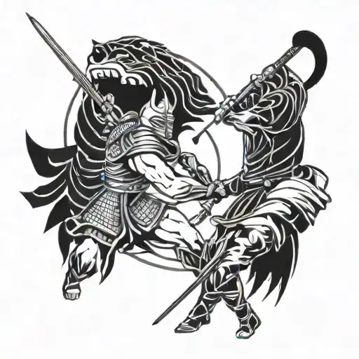 Design a tattoo of a gladiator and a samurai facing off in a dramatic pose tattoo design idea