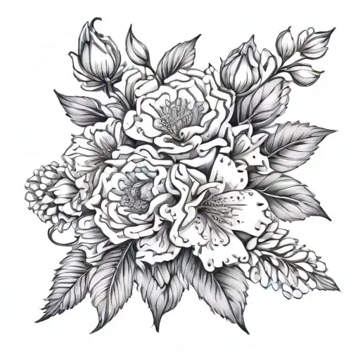 Carnation, Violet, Daisy, Lily, Aster flower intertwined tattoo design idea