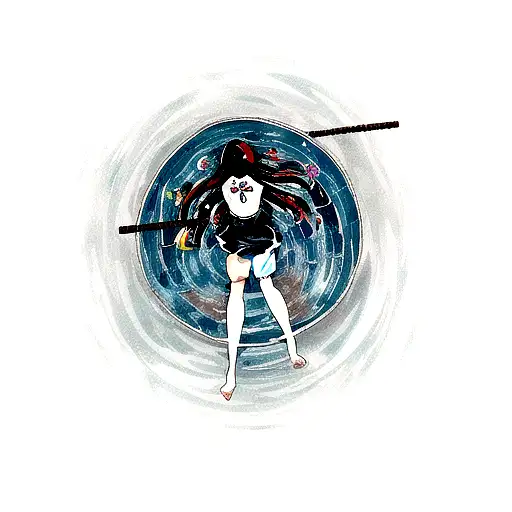 blackwork anime logos falling into a pool of multicoloured water tattoo design idea