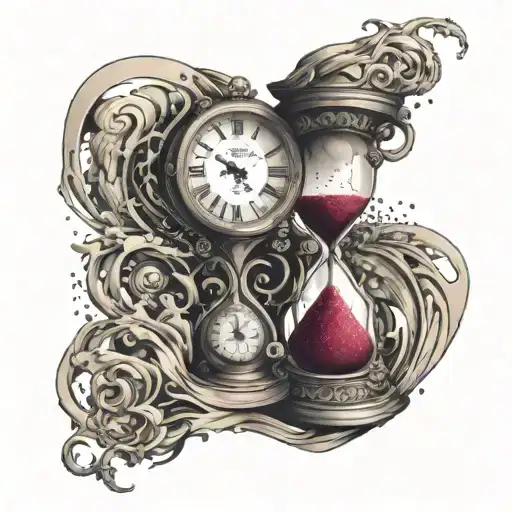 half arm sleeve. hourglass with a clock at the top of the hourglass with white sand leaking out turning into cosmic dust tattoo design idea